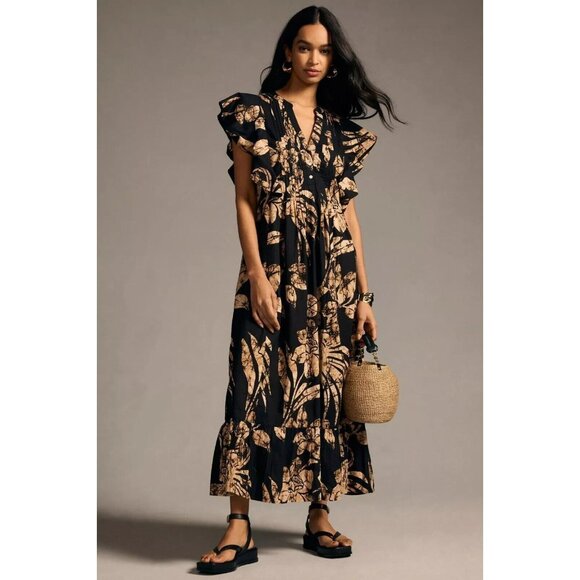 Anthropologie Dresses & Skirts - Maeve By Anthropologie Size S Black & Tan Cassandra Floral Ruffle Maxi Dress